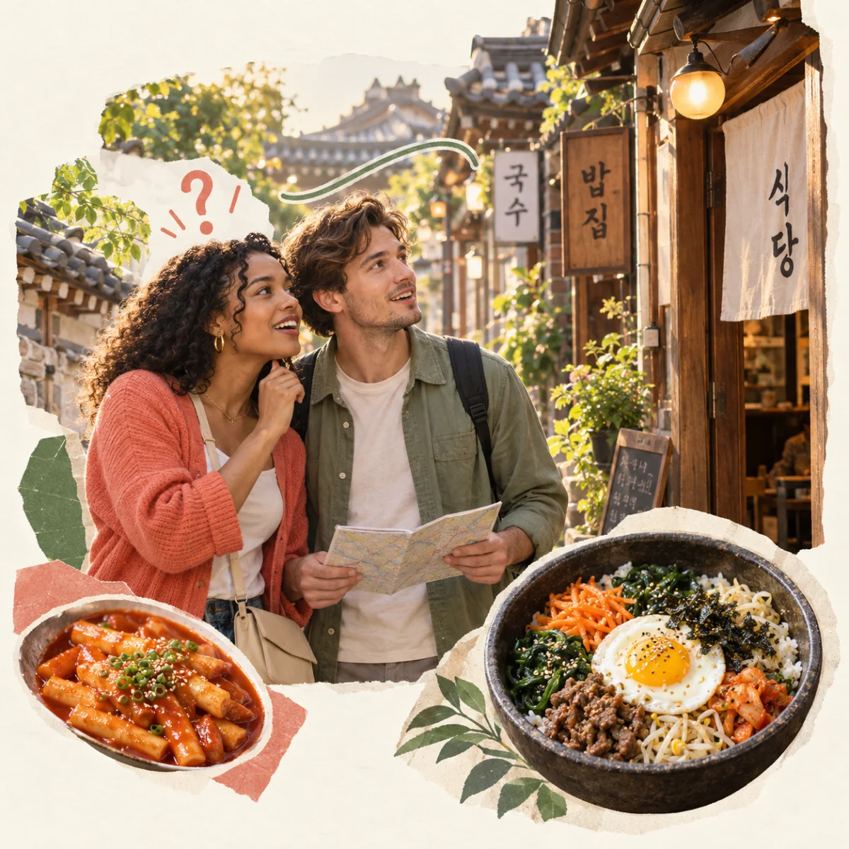 Two international travelers discovering a Korean restaurant alley, in a warm travel collage with bibimbap and tteokbokki